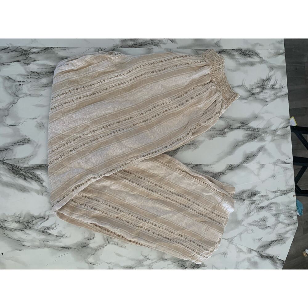 Briggs Boho Stripe Smocked Waist Linen Blend Pants Size Small Tan Neutral